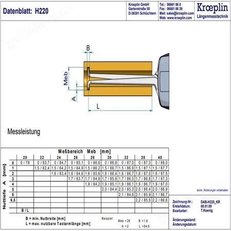 KROEPLIN内测卡规H220 测量范围 Meb 20 – 40 mm 