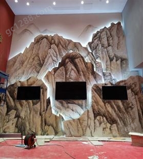 新中式国画山水壁画传统山水墙体彩绘别墅中空手绘