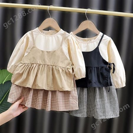 广州儿童服装批发 童装2020秋季新款女童拼接两件套连衣裙中小童宝宝韩版格子套装潮